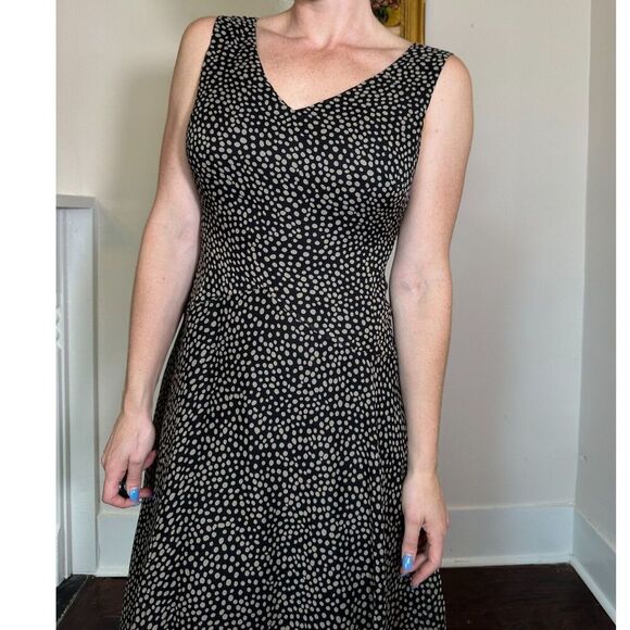Vintage 100% Silk Black and Brown Polka Dot Midi Dress Size 6P - Picture 1 of 5